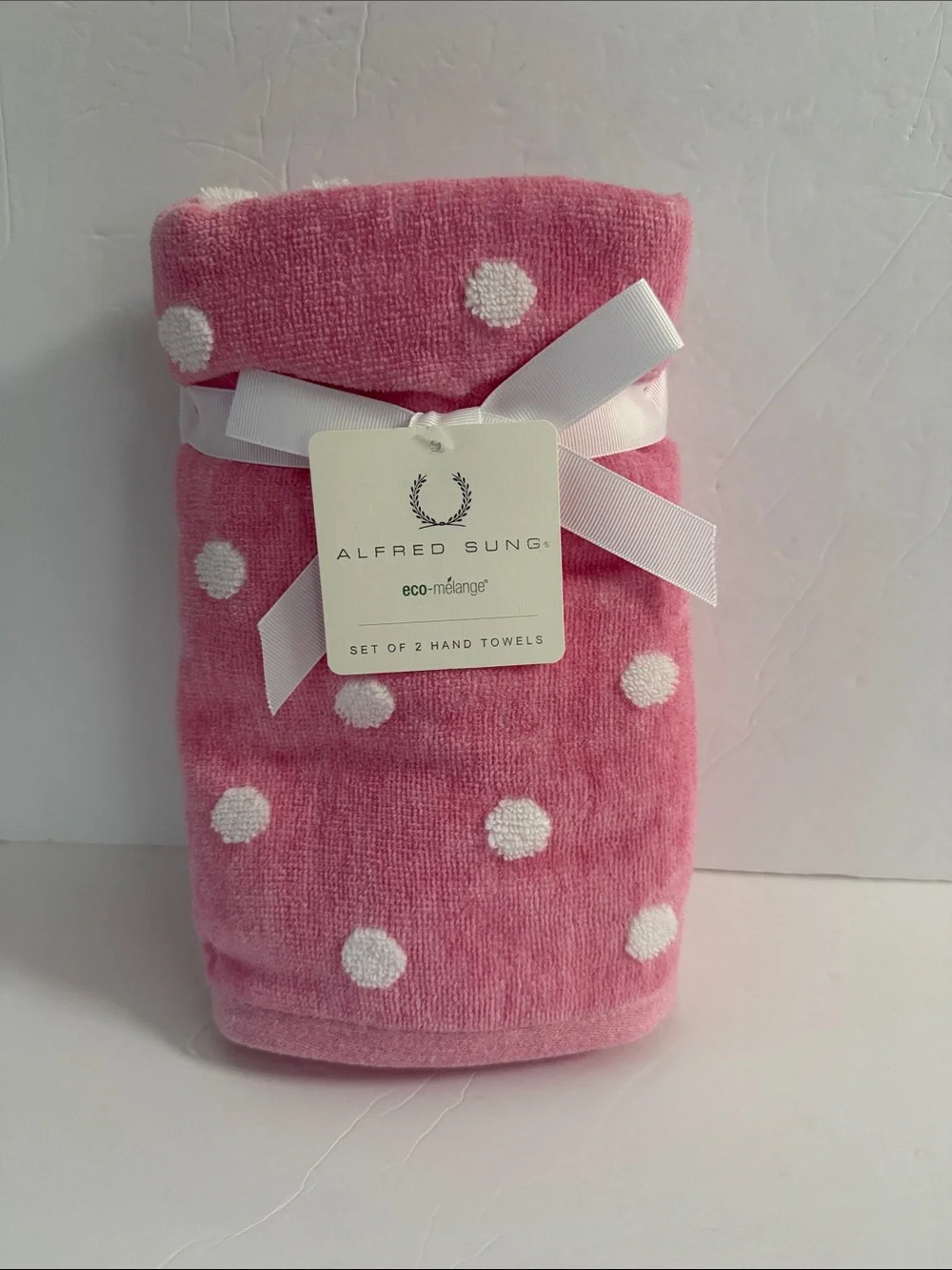NWT Alfred Sung 6 Piece Cotton Blend Bath Towel Set Pink Raised White Polka Dots